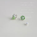 Silver Green Butterfly Flower Mismatched Stud Earrings view 1