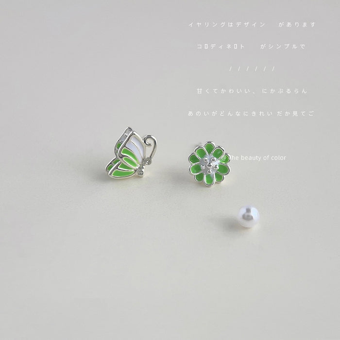 Silver Green Butterfly Flower Mismatched Stud Earrings