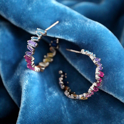 Rose Gold Tone Multicolor Stone Small Hoop Earrings shown in styled view