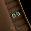 Silver Tone Green Oval Cabochon Clear Stone Halo Stud Earrings view 4