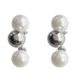 Silver Curved Double Pearl Metal Ball Stud Earrings view 5