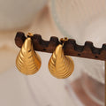 Ribbed Teardrop Stud Earrings Gold Steel Large Small Sizes view 4