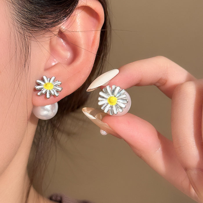 Pearl Look Daisy Flower Double Sided Stud Earrings