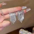 Crystal Chain Fringe Stud Earrings in Gold or Silver Tone view 2