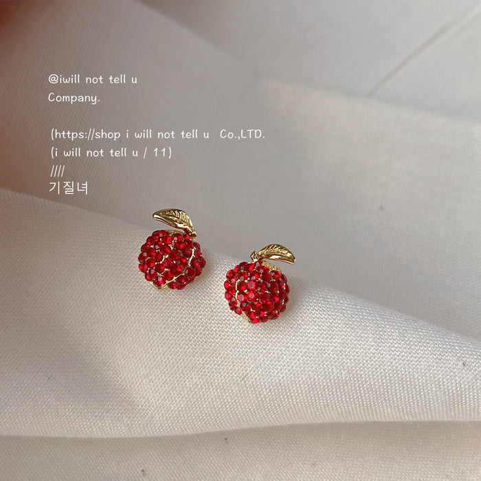 Red Rhinestone Apple Fruit Stud Earrings Gold Tone Leaf