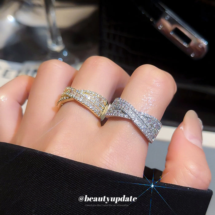 Cross X Multi Row Pave Open Adjustable Ring Silver Gold