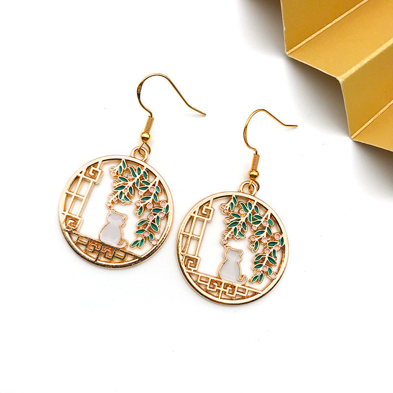 Enamel Zinc Alloy Chinese Style Hollow Cat Charm Pendant for DIY Earrings Tassel Jewelry