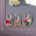 Gold Tone Clear Resin Pressed Flower Butterfly and Heart Earrings view 3