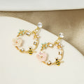White and Pink Garden Wreath Gold Tone Stud Earrings view 4