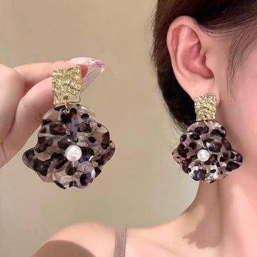 Leopard Print Flower and Pearl Drop Earrings in Two Colors