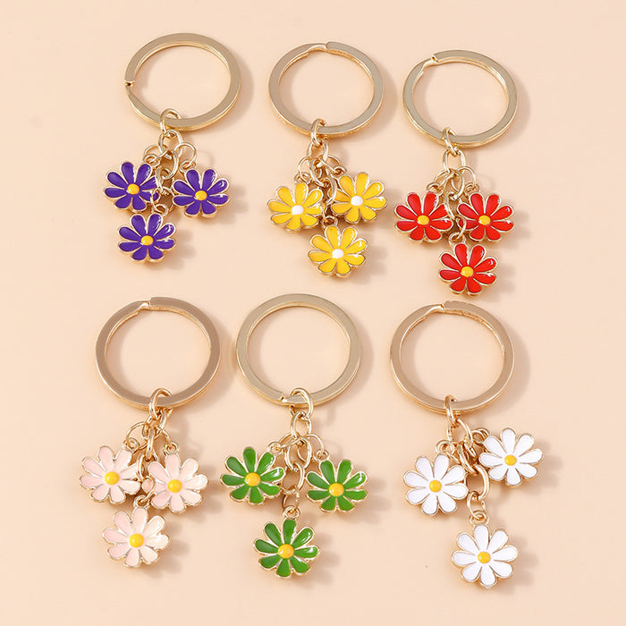 Enamel Daisy Flower Keychain with Three Charms on Split Key Ring