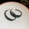 Dark Silver Tone Hoop Earrings with Green Crystal Rows view 2