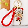 Jeweled Hugging Tiger Keychains with Braided Wrist Loop Options view 1