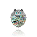 Silver Owl Brooch Abalone Shell Body Teal Crystal Eyes view 1