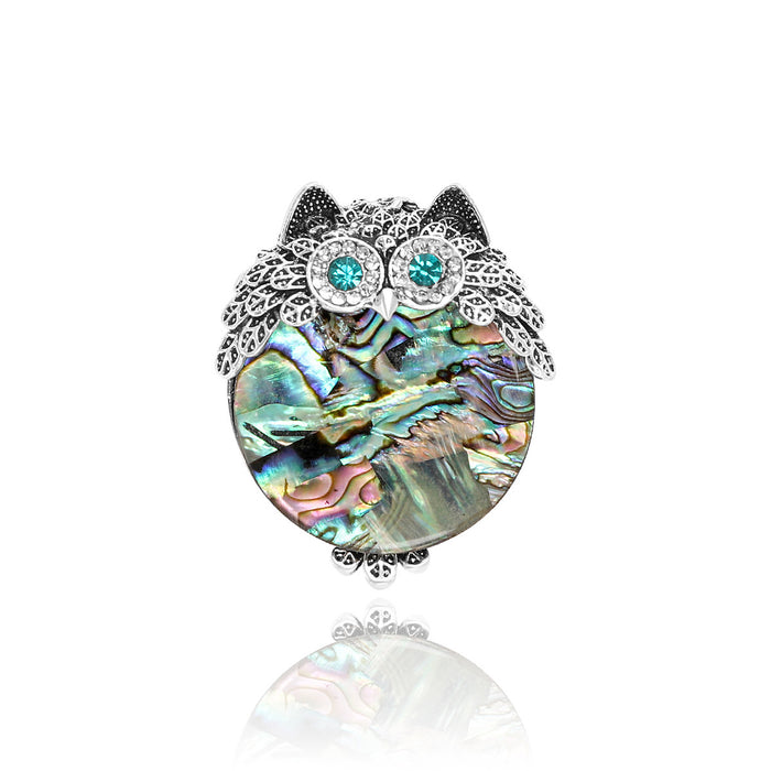 Silver Owl Brooch Abalone Shell Body Teal Crystal Eyes