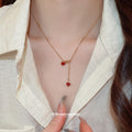 Gold Red Enamel Double Heart Y Lariat Chain Necklace view 1