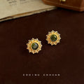 Gold Sunflower Stud Earrings Olive Green Center Crystal view 3