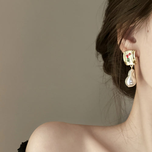 Enamel Floral Tile and Baroque Pearl Drop Earrings shown in ear-worn front view