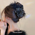 Black Satin Rose Feather Claw Clip Rhinestone Flower Clip view 3