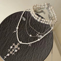 Layered Pearl And Crystal Cross Necklace In Two Styles view 4