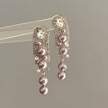 Crystal Bar And Pearl Tassel Stud Earrings With Polished Metal Details view 2