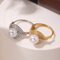 Faux Pearl Zircon Double Curve Open Rings Gold Steel Tone view 3