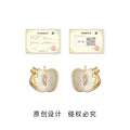 Gold Tone White Apple Cat And Pink Stone Stud Earrings For Women view 3