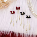 Black Velvet Bow Pearl Chain Crystal Tassel Earrings view 1
