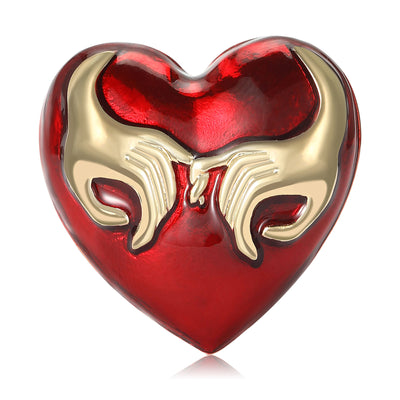 Red enamel heart brooch gold clasped hands front