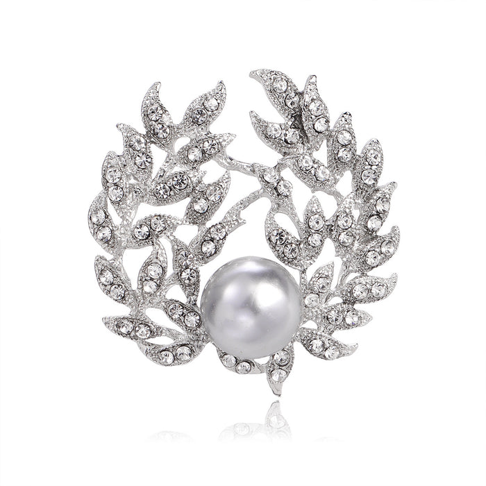 Leaf Wreath Crystal Pearl Look Metal Brooch Pin for Jackets and Lapels