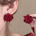 Burgundy Flocked Double Layer Flower Statement Stud Earrings view 1