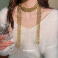 Blue Beaded Mesh Scarf Necklace With Polished Metal Tone Details view 3