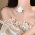Ivory Satin Rose Flower Pearl Choker Necklace Ribbon Bow view 3