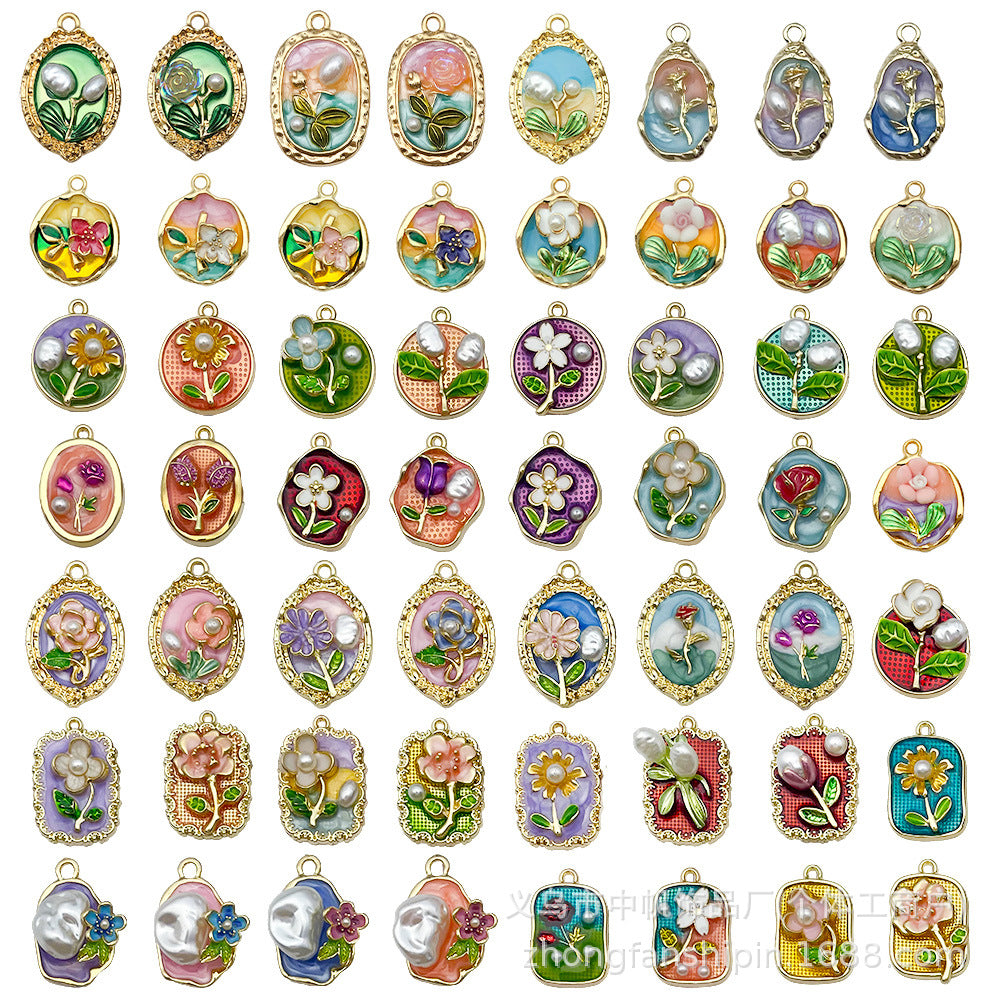 French Vintage Enamel Zinc Alloy Oil Painting Flower Charm Pendant for DIY Earrings Necklace