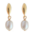 Gold Tone Leaf Top And Oval White Pearl Drop Stud Earrings view 5