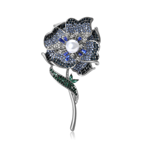 Crystal Rose Brooch In Pink Or Blue with Green Stem angled display view