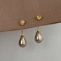 Brown Teardrop Pearl Stud Earrings With Polished Metal Tone Details view 6