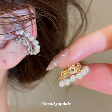 Pearl Rim Crystal Curved Ear Cuffs in Two Tones Statement Jewelry