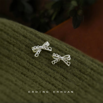 Silver Tone Clear Stone Lace Ribbon Bow Stud Earrings