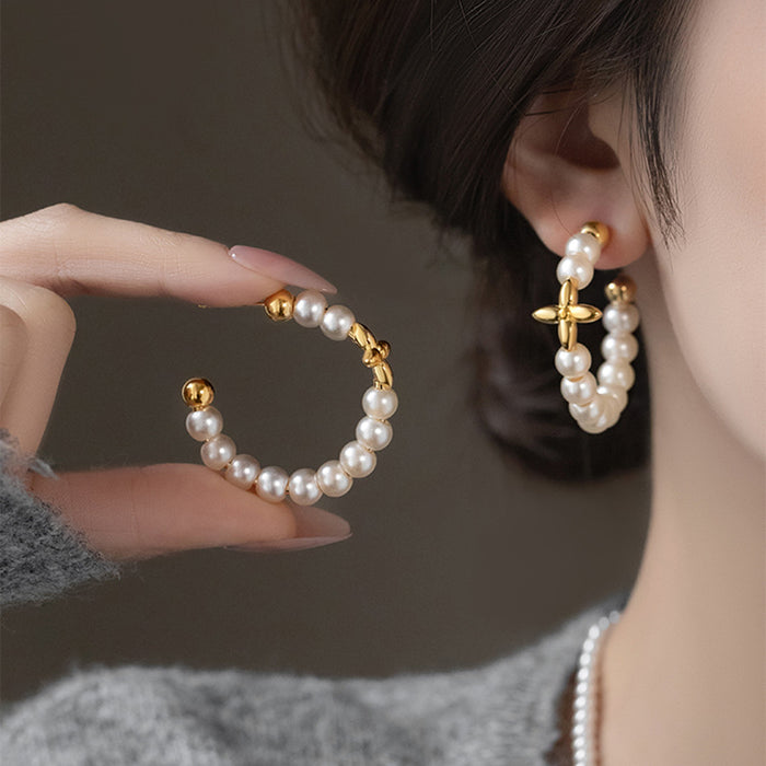 Gold Tone Beaded Pearl Hoop Earrings with Floral Accent
