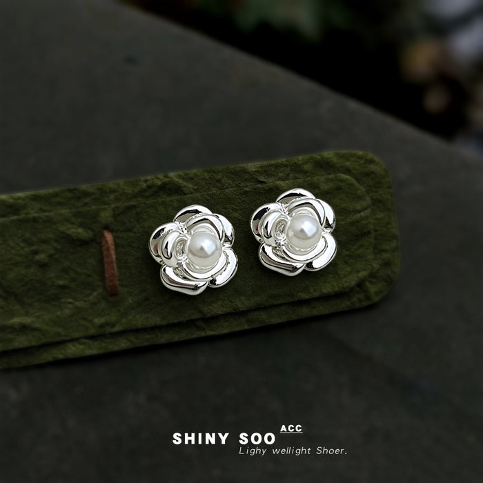 Silver Camellia Flower Pearl Center Stud Earrings Pair