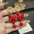 Red Bead Cluster Gold Textured Long Drop Stud Earrings view 2