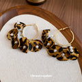 Leopard Fabric Flower Pearl Beaded Gold Tone Hoop Earrings view 4