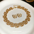 Gold Disc Flower Pearl Collar Necklace Cluster Stud Earrings view 4