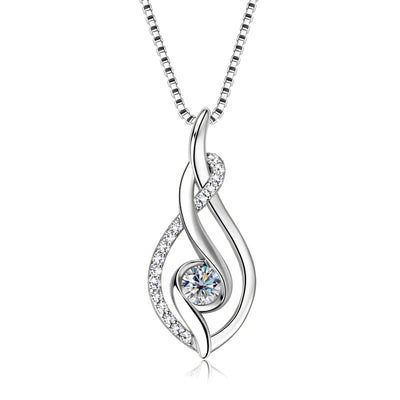 White metal swirl teardrop clear center pendant on box chain