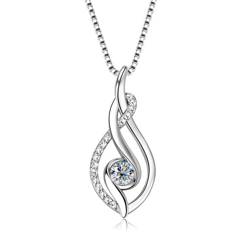 White metal swirl teardrop clear center pendant on box chain