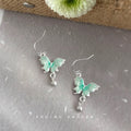 Mint Green Enamel Butterfly Hook Earrings Pearl Drop view 1