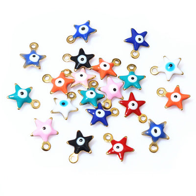 Assorted colorful enamel eye star charms in gold-tone metal arranged together in the main product view