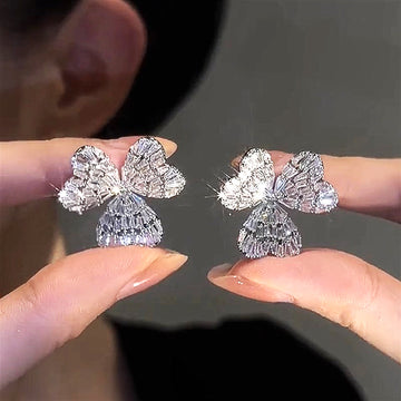 Crystal Three Leaf Clover Stud Earrings in Silver Tone