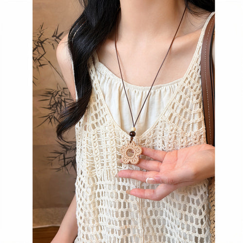 Woven Pendant Brown Cord Long Necklace Three Shapes arranged flat to show the full design